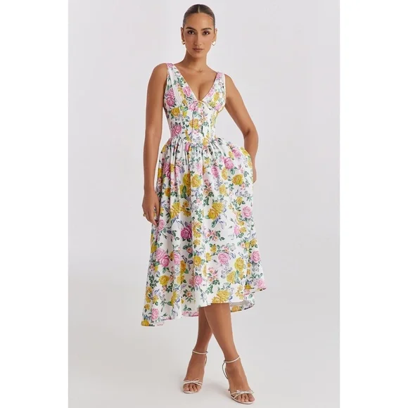 NEW House of CB Emmelina White Vintage Rose Print Dress XS - Picture 5 of 17